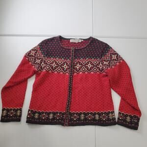 Nomadic Traders Sweater Womens Medium Red Black Fair Isle Cardigan Nordic